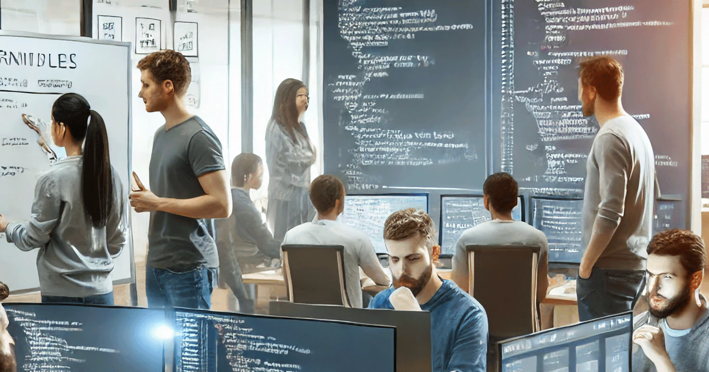 Softwareontwikkelaars die samen aan code werken in een open ruimte, met focus op samenwerking en overleg