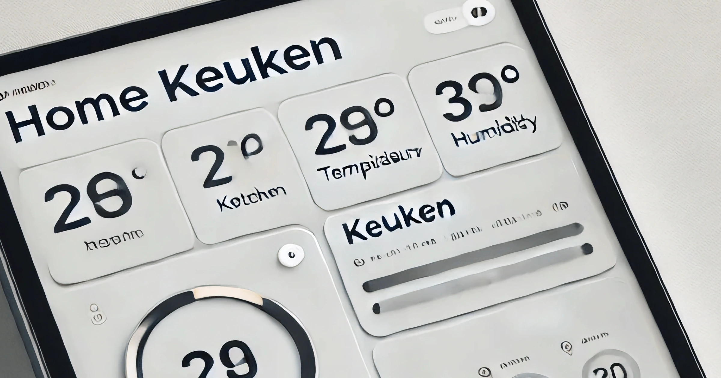 Dashboardweergave van Home Assistant met een sectie header voor de keuken, inclusief temperatuur en luchtvochtigheid