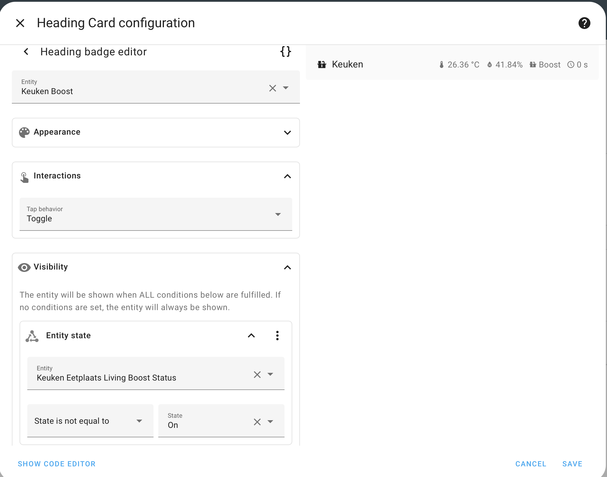Aanpassingsscherm van de entiteit keuken boost