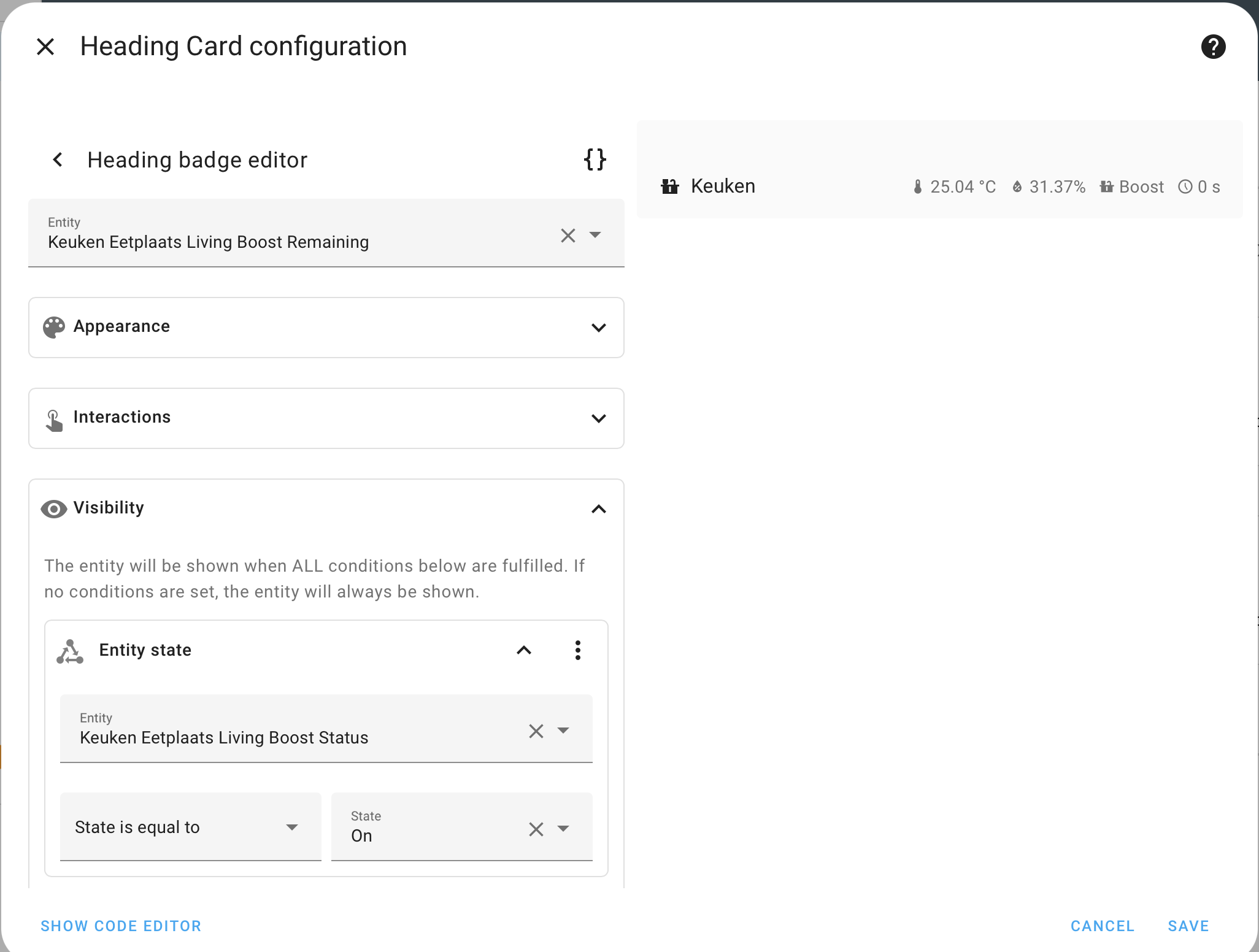 Aanpassingsscherm van de entiteit resterende boost tijd
