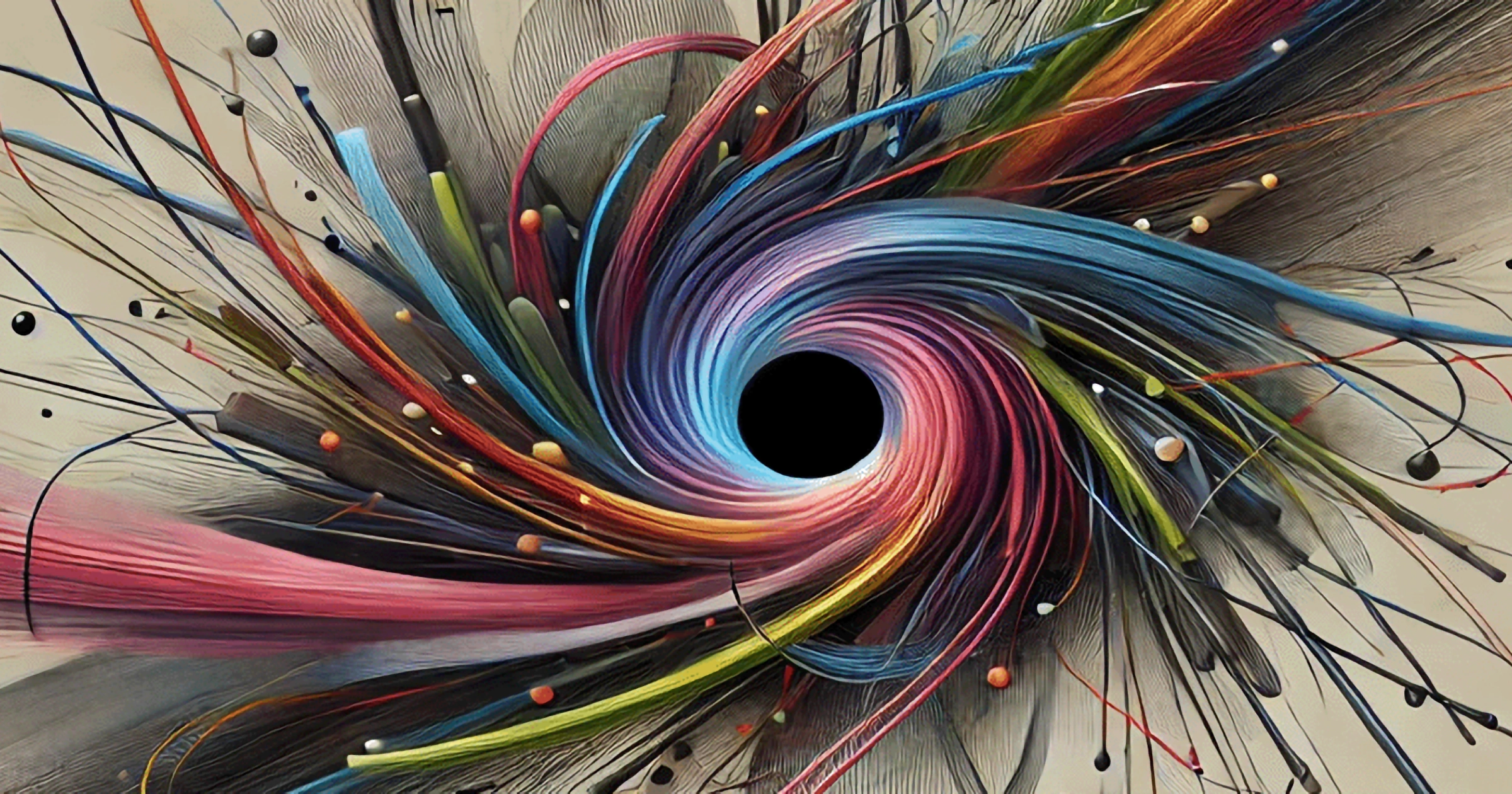 Abstracte illustratie van gekleurde lijnen die in een zwart gat samenkomen, als metafoor voor dependency chaos