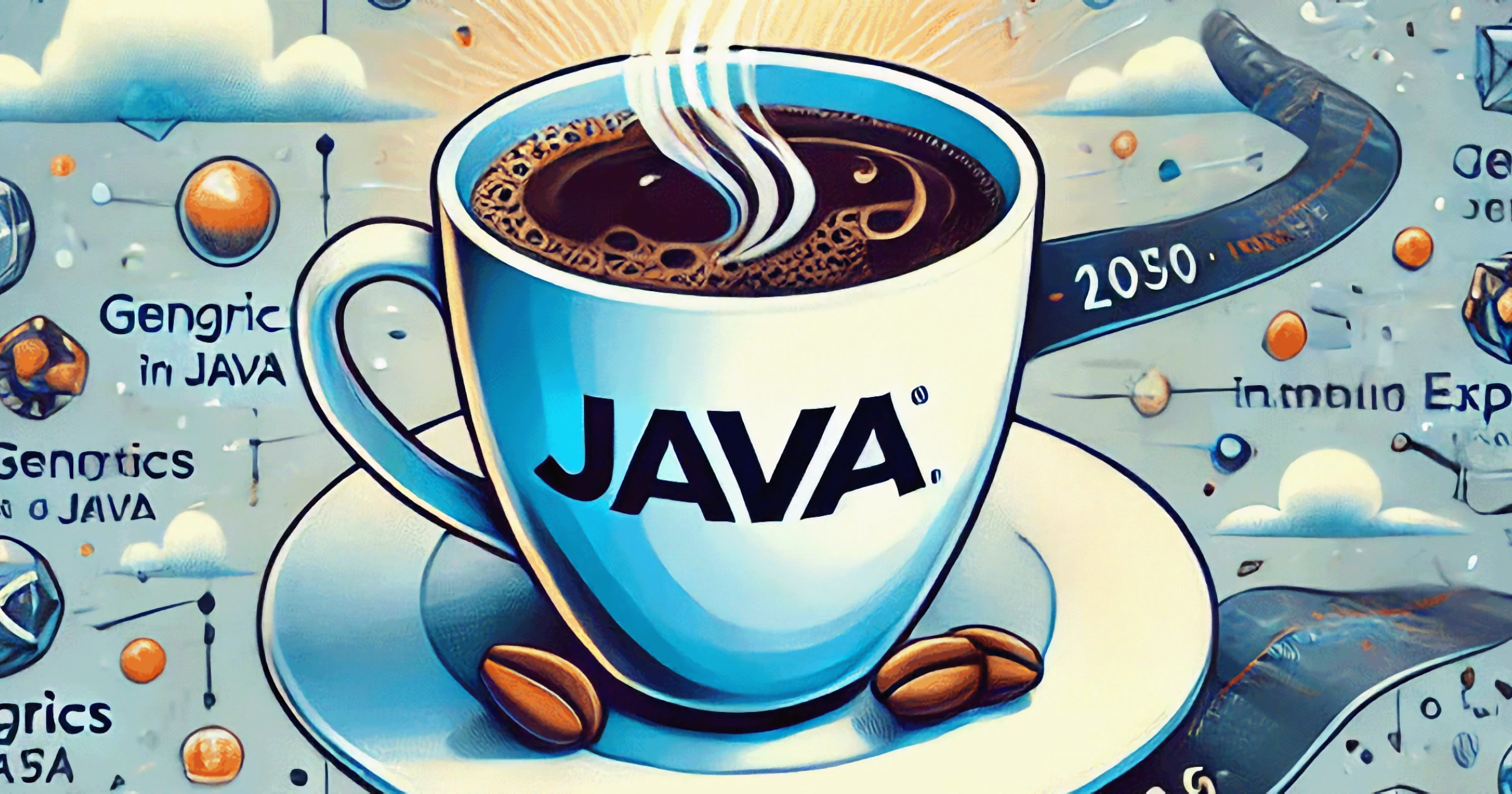 Illustratie van een koffiekop met het Java-logo, omringd door symbolen die de evolutie van de programmeertaal voorstellen