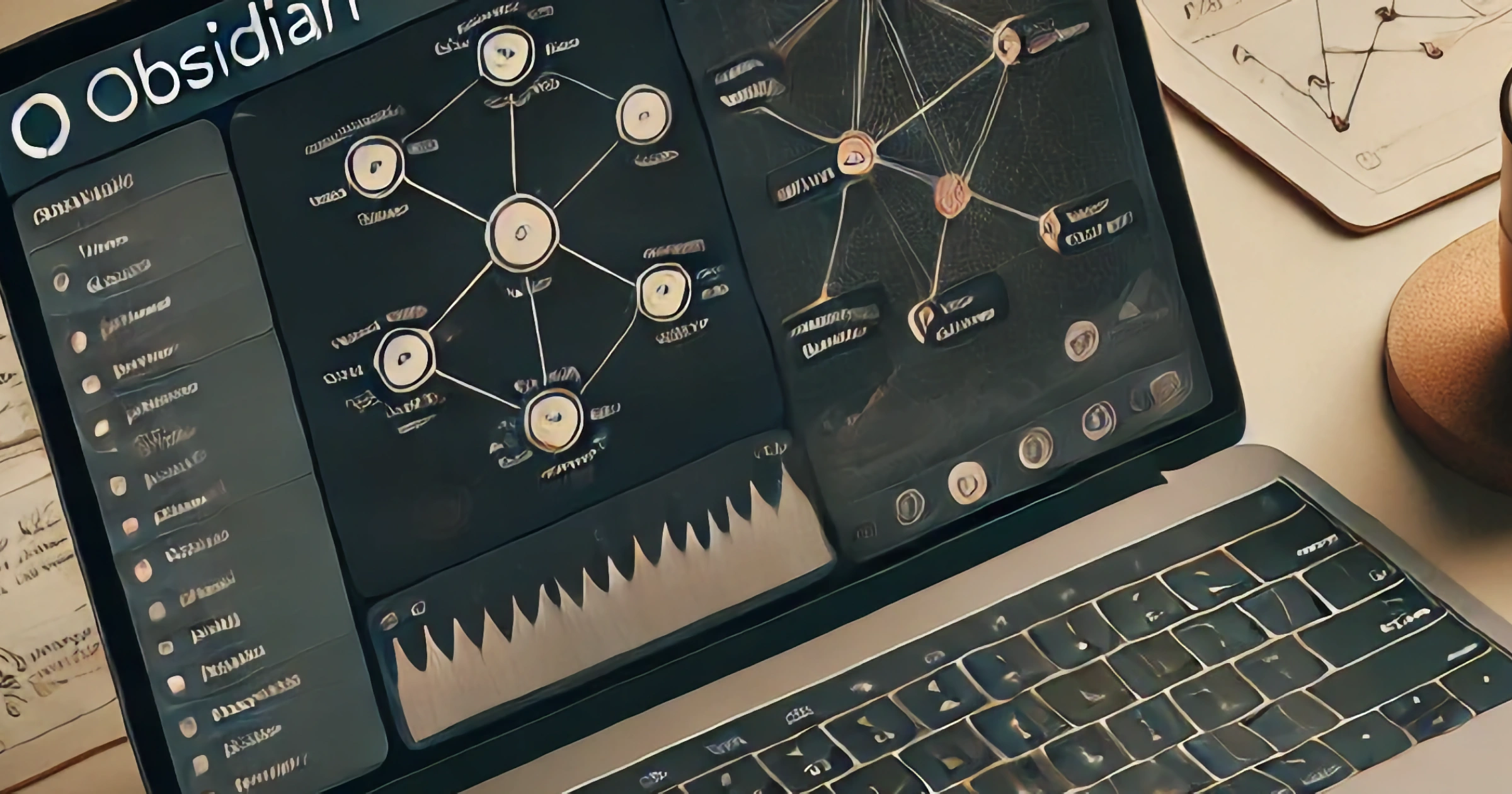 Laptop met Obsidian-interface waarin notities visueel met elkaar verbonden zijn via grafieken en knooppunten