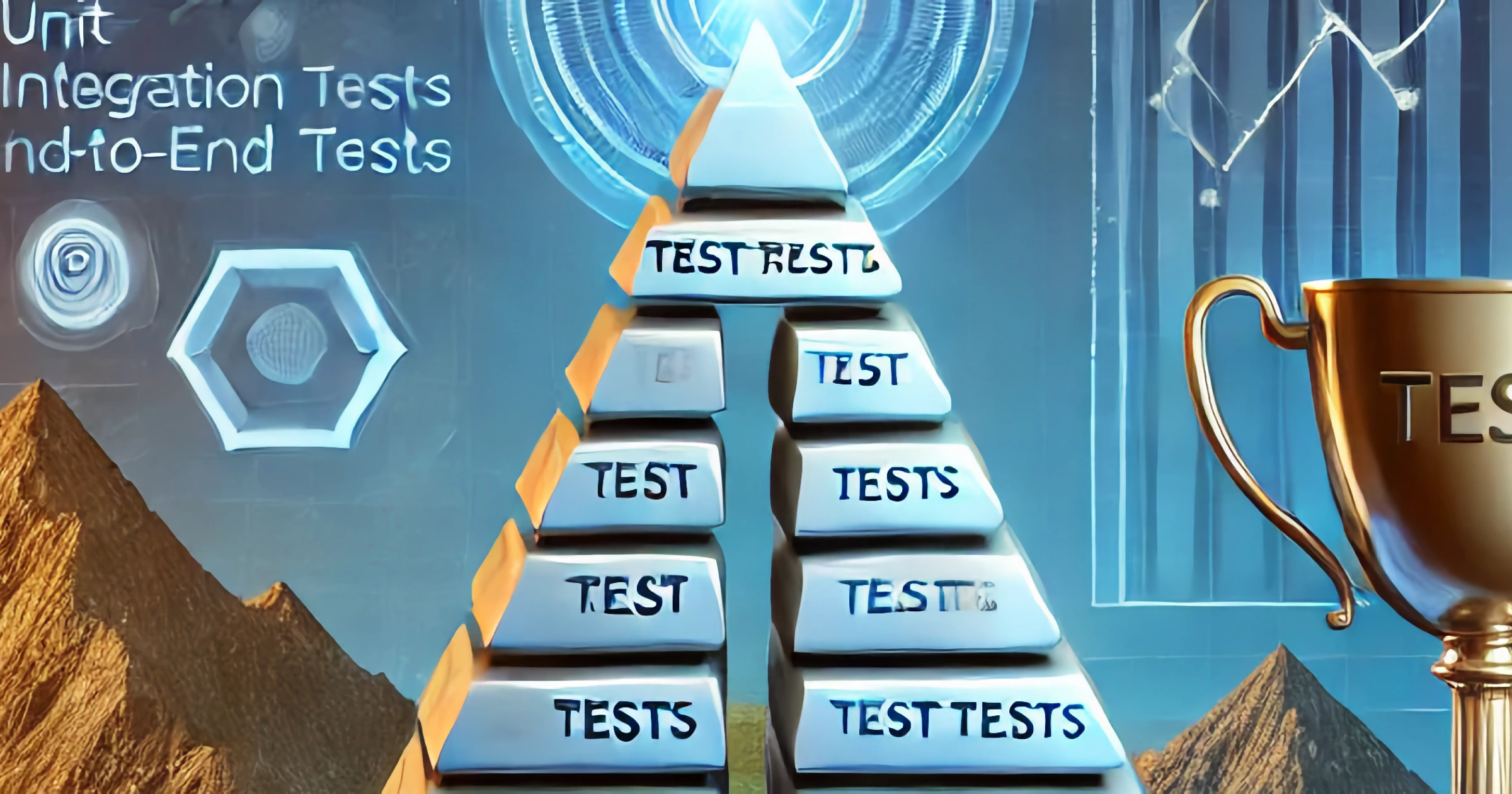 Visualisatie van een moderne teststrategie met lagen voor unit-, integratie- en end-to-end tests