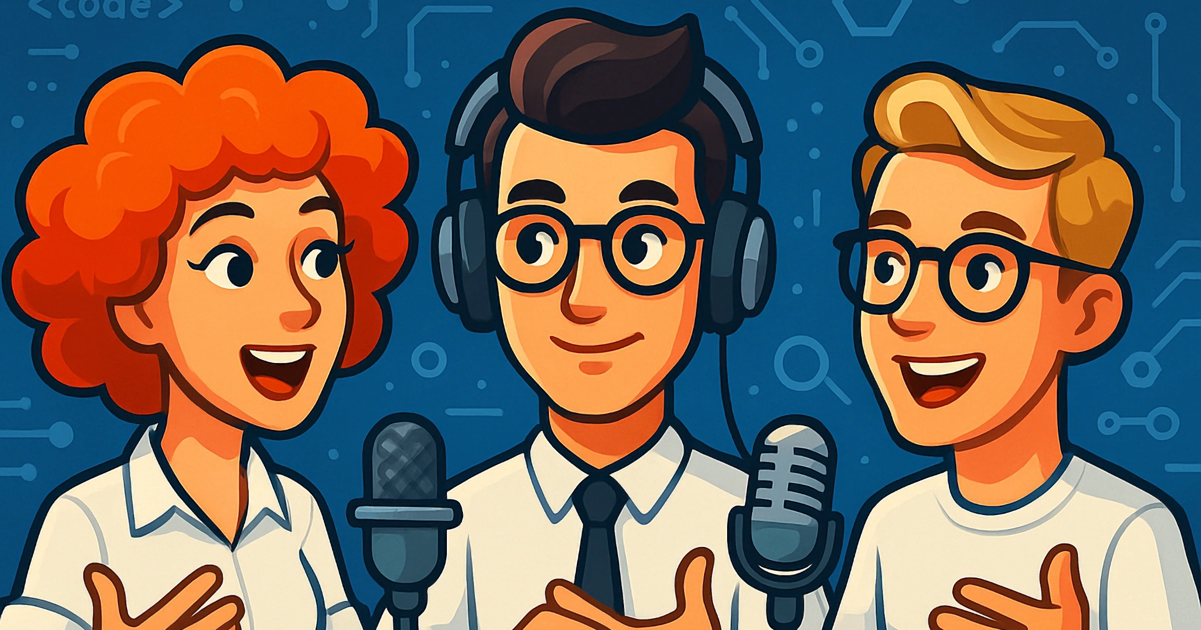 Illustratie van drie ontwikkelaars met microfoons in gesprek, als symbool voor een gezellige developerpodcast