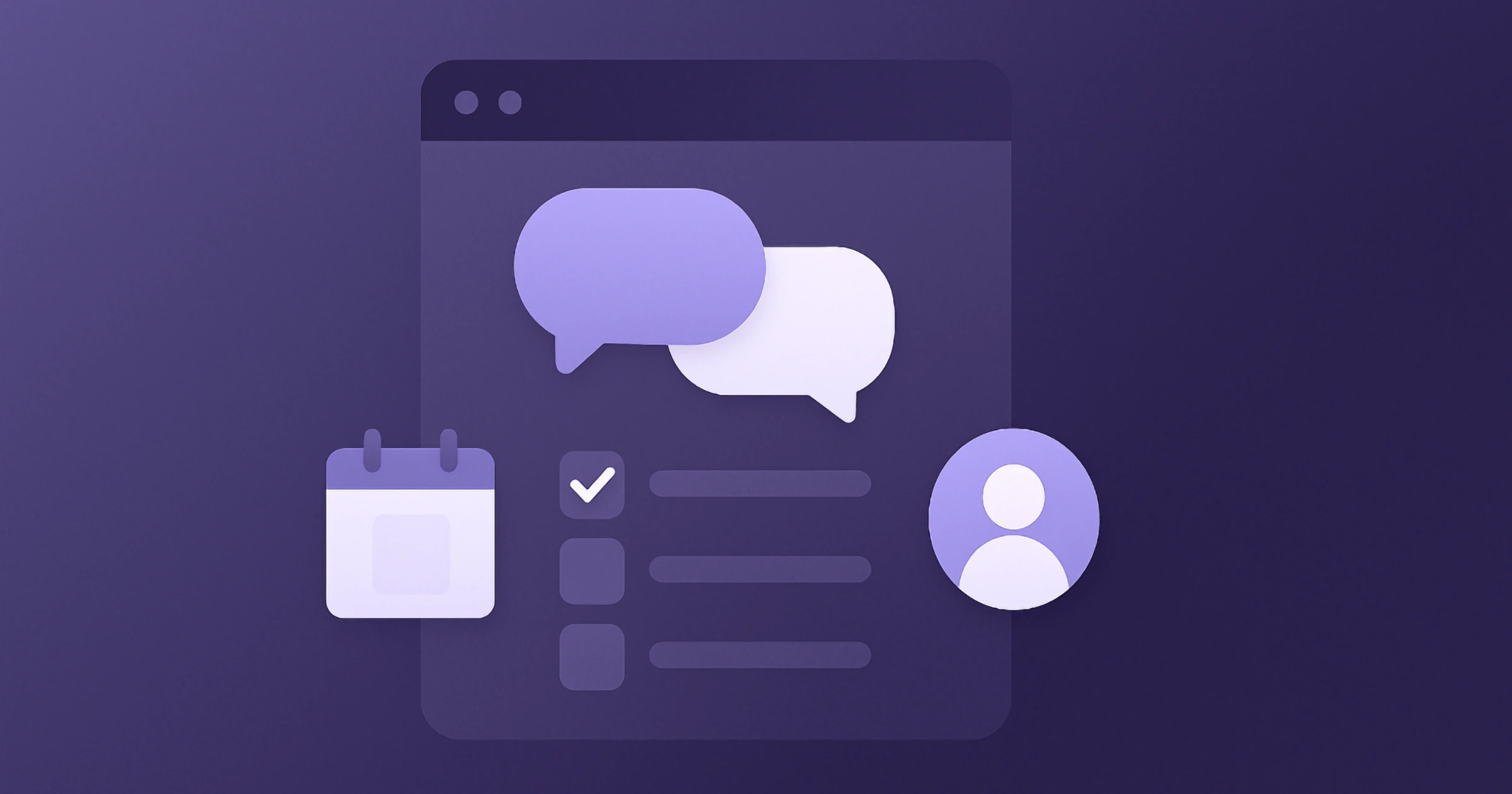 Abstracte illustratie van digitale check-ins met gesprekken, taken en planning in een rustige paarse interface