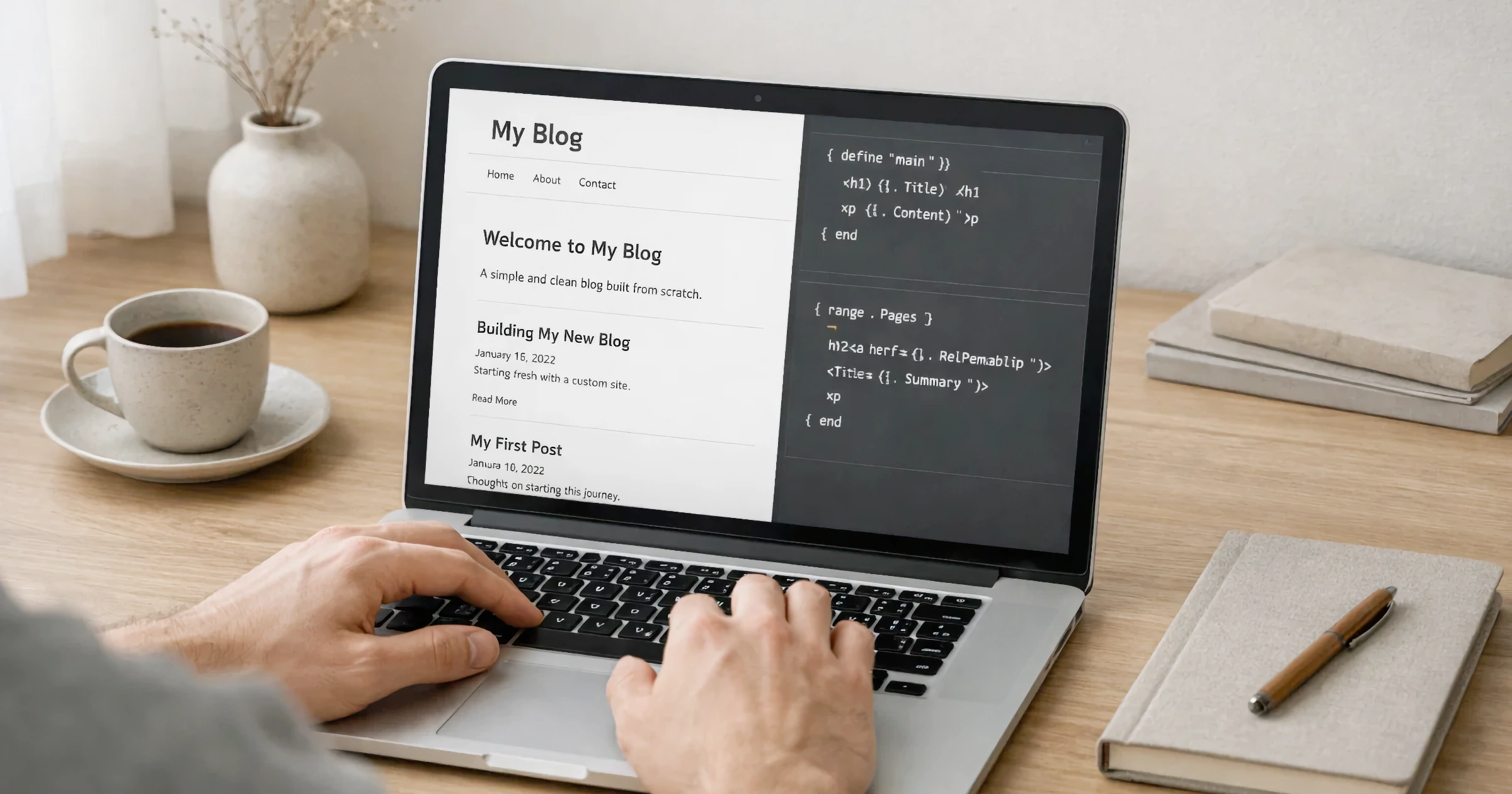 Minimalistische werkplek met een laptop waarop een zelfgebouwd blog en Hugo templates zichtbaar zijn, als symbool voor controle, rust en bewust bouwen