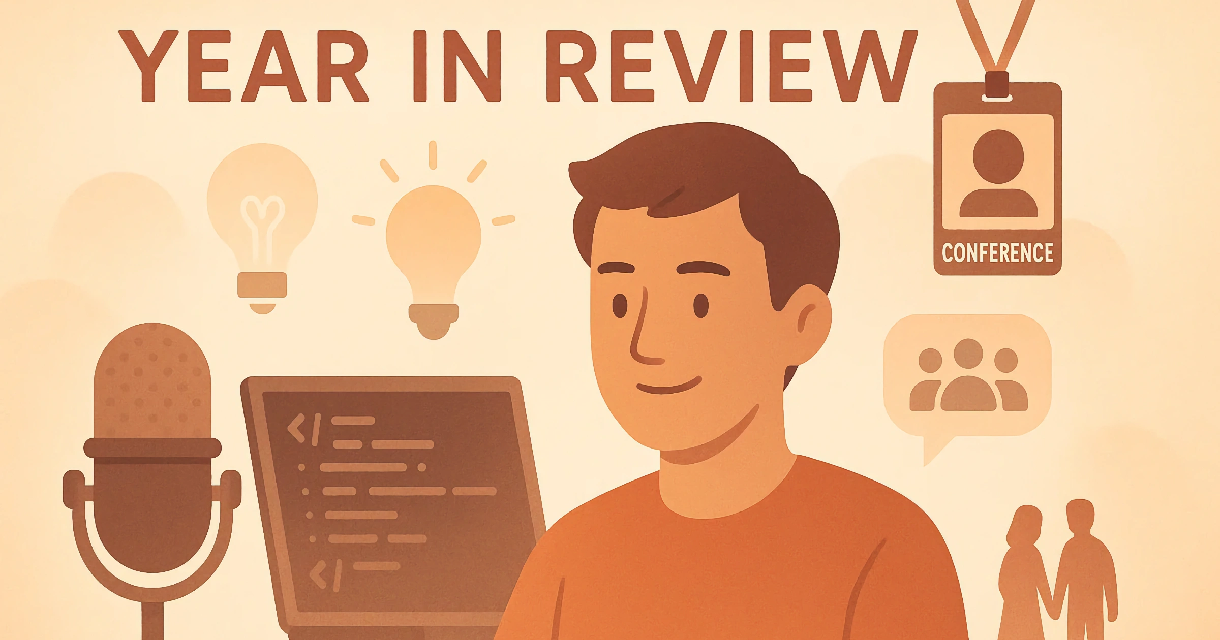 Illustratie van een ontwikkelaar die terugblikt op het jaar, met symbolen voor technologie, community en persoonlijke mijlpalen