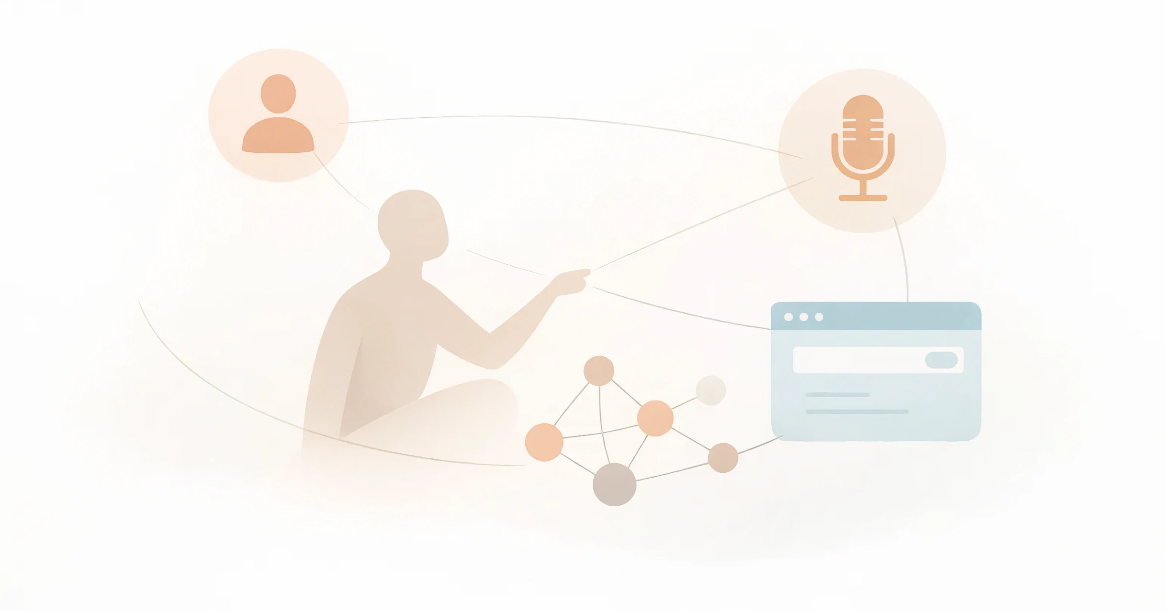 Conceptuele illustratie van verbonden entiteiten zoals een persoon, een podcast en een website, weergegeven als losse elementen die via lijnen met elkaar in relatie staan.