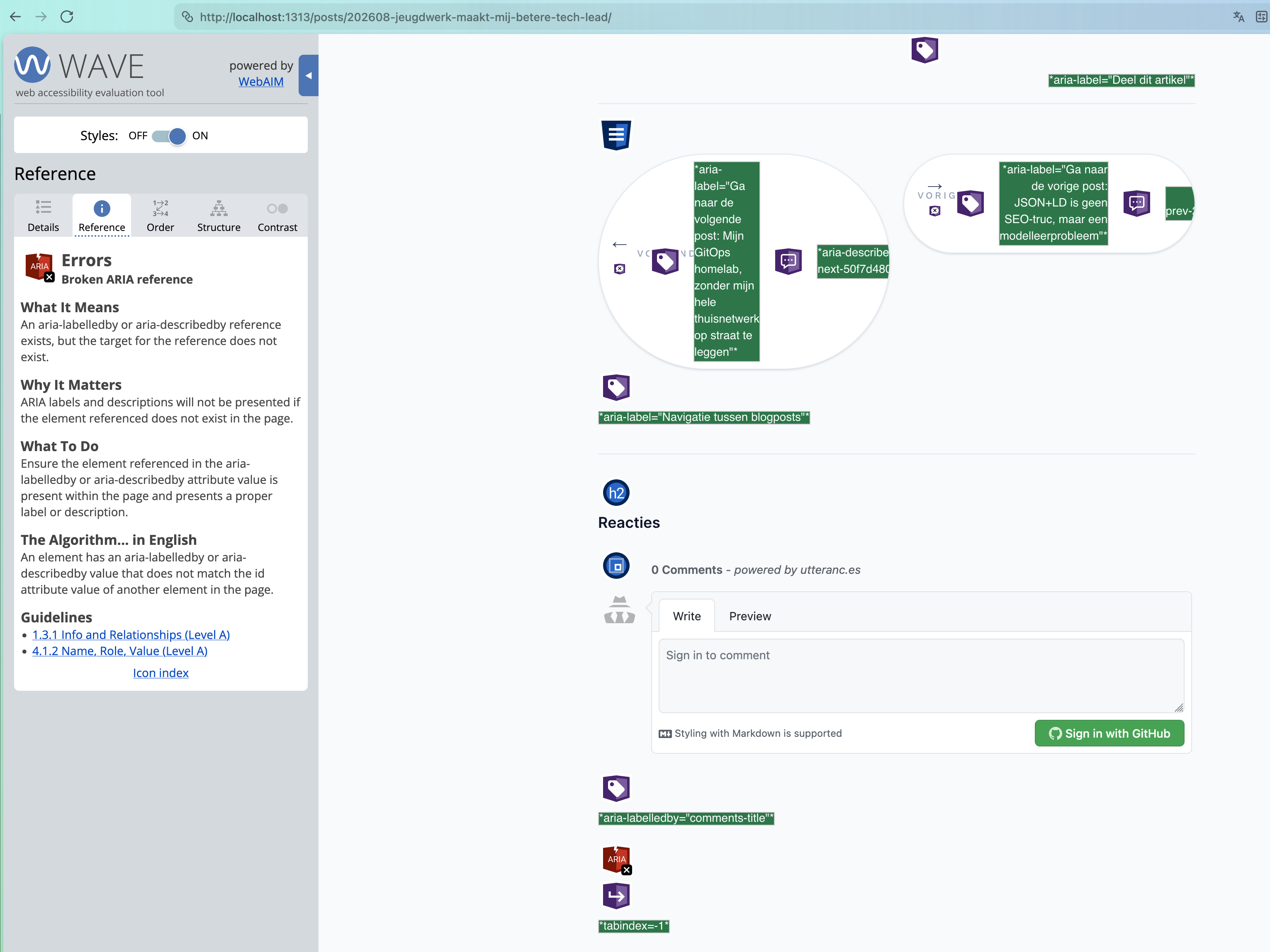 WAVE-overlay op de zone met postnavigatie en reacties onderaan een blogpost
